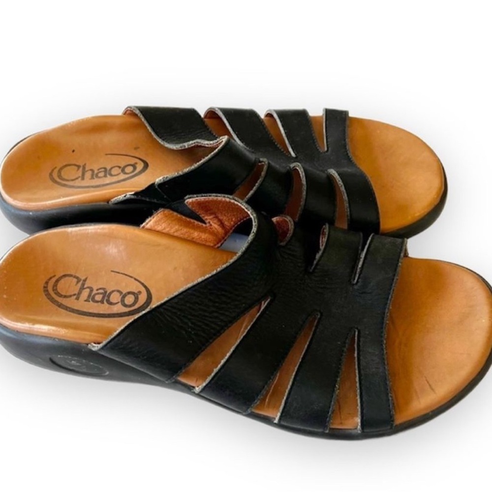 Chaco Women’s Black Leather Slide Sandals Size 10 Comfort Footbed Beach Shoe